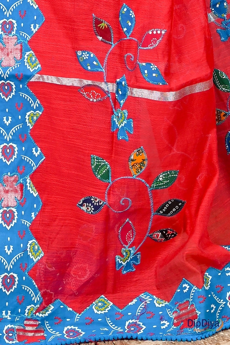 Red Cotton Blended Parik Applique Saree (328)